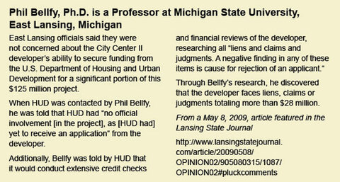 Dr. Phil Bellfy's research regarding East Lansing's City Center II - click to enlarge