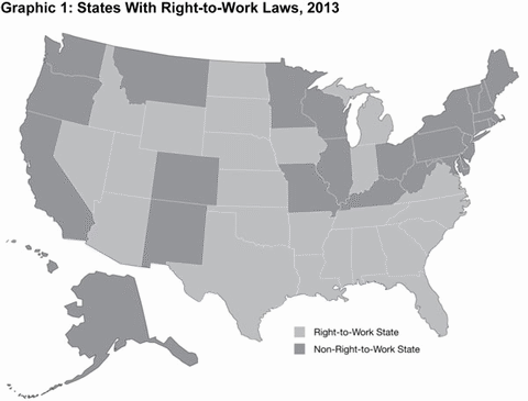 Graphic 1: States With Right-to-Work Laws, 2013 - click to enlarge