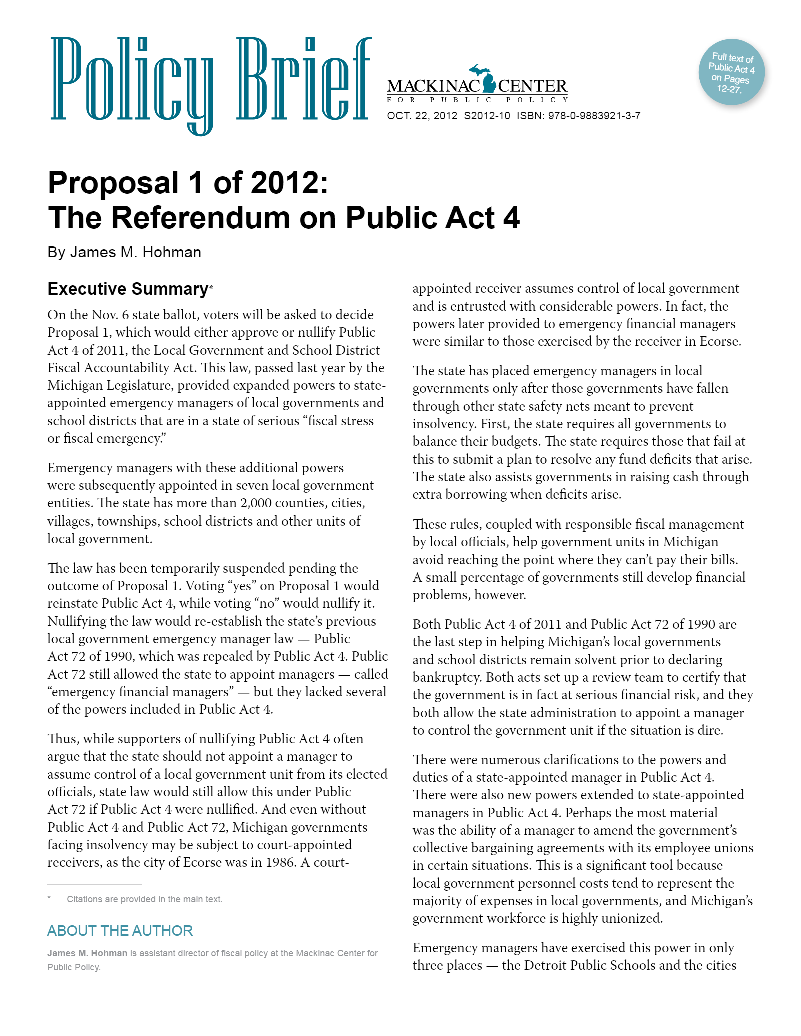 Proposal 1 of 2012 The Referendum on Public Act 4 Mackinac Center